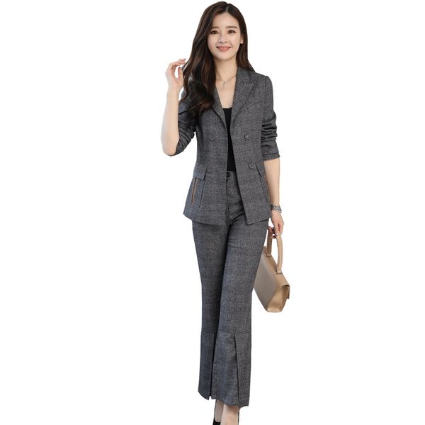 

women's two piece pants spring and autumn korean ladies temperament fashion slim plaid suit jacket + flares pieces / sets, White