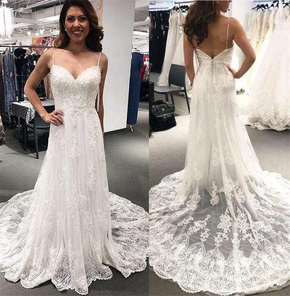 

ivory full lace 2020 wedding dresses a line summer beach boho bridal gowns spaghetti straps pearls beading sweep train long wedding gowns, White