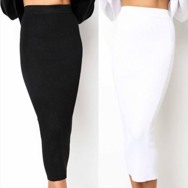 

women knitted bodycon long skirt fashion black white high waist pencil skirts female elastic skirts club wear