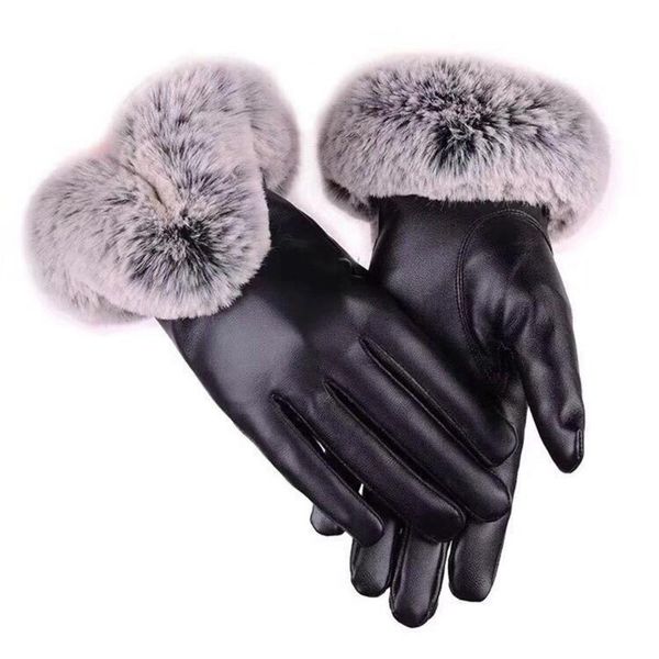 

trendy outdoor winter double thick plush wrist women windproof touch screen warm faux leather full finger riding driving gloves, Blue;gray