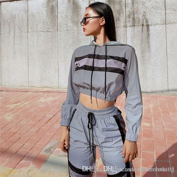 

color panelled causal suits lady long sleeve short pencil pants clothing suits 3m reflective women 2pcs sets contrast, White