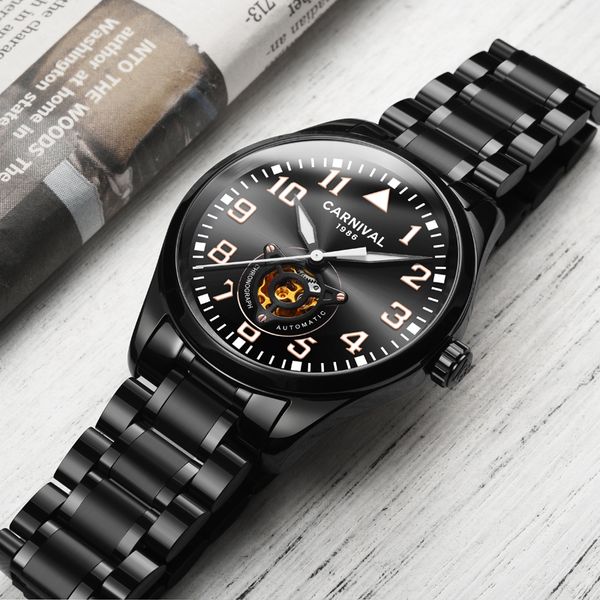 

wristwatches mens watches carnival automatic mechanical watch men hollow business waterproof sport wrist reloj hombre, Slivery;brown