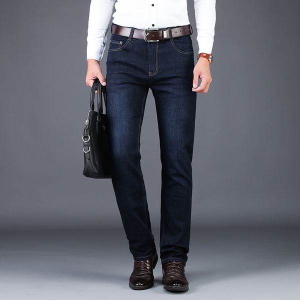 

browon new arrival autumn winter business men jeans 2020 loose thick soft denim pants trousers solid color work jeans for men, Blue