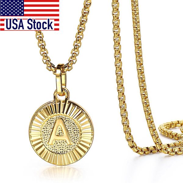 

initial letter pendant necklaces gold round charm stainless steel box link chain for women men jewelry gift dropshipping gp418a, Silver