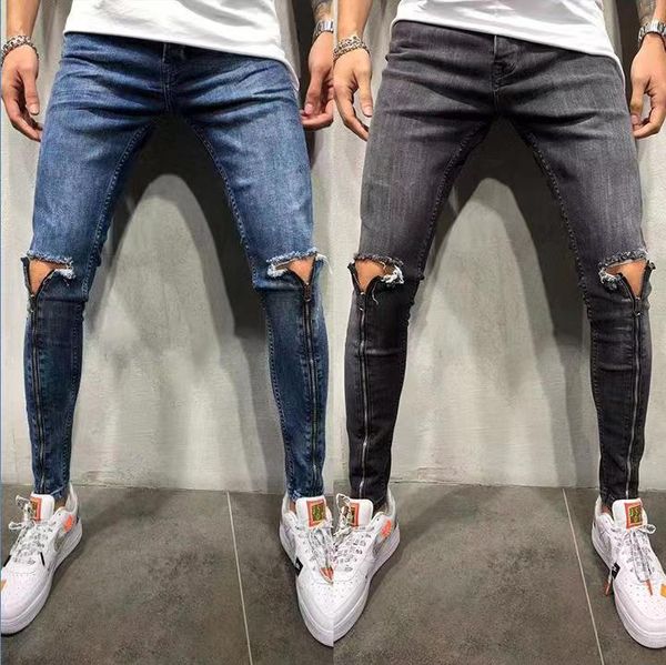 

men's jeans mens zipper design blue gray motorcycle washed denim pants skinny pencil stretchy