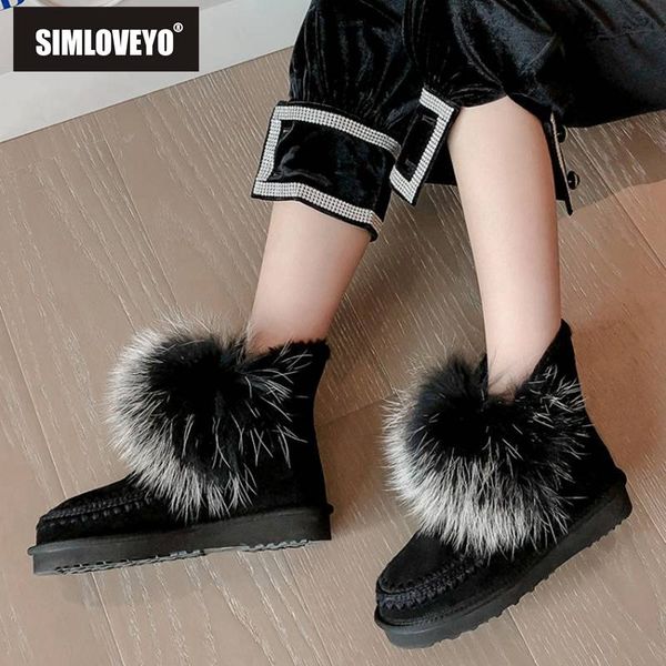 

simloveyo true hair genuine leather flat heel ankle boots for women winter plush snow warm women boots size 43, Black
