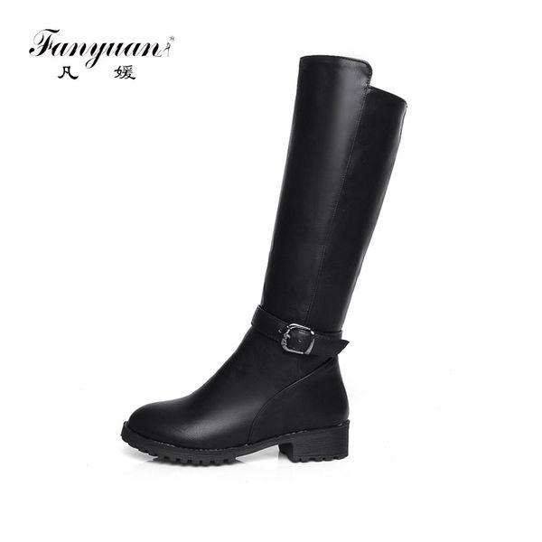 

boots fanyuan fashion women chunky low heel riding calf side zipper buckle knee high autumn winter solid flat shoes, Black