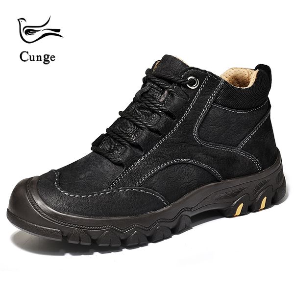 

men autumn winter boots warm comfortable retro ankle snow boots handmade natural leather men shoes plus velvet, Black