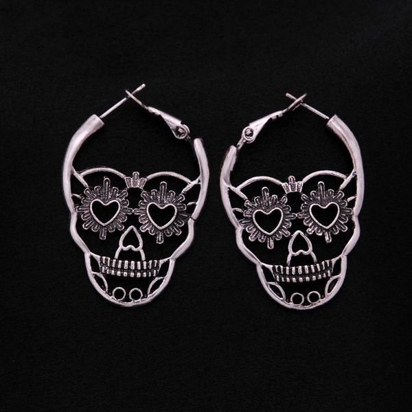 

vintage antique silver color love heart eyes skull hoop earrings for women punk party skeleton jewelry pendientes mujer moda, Golden;silver
