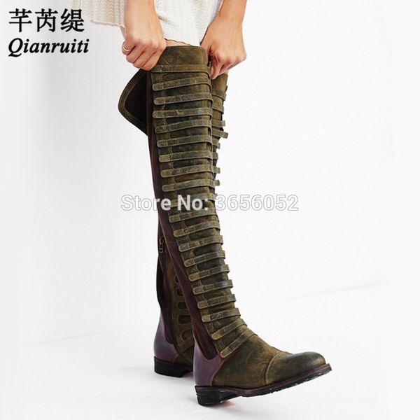 

qianruiti black army green patchwork flats vintage shoes woman autumn winter women long riding booties flat knee high boots 2020