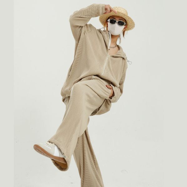 

men women stripe pleated elastic fabric 2 pieces hooded jacket + pants sets tracksuits male coat sweatpants outerwear suits, Gray