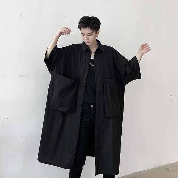 

Men Large Pocket Loose Short Sleeve Jr Shirt Summer Male Women Retro Fashion Long Style Dress Shirt, White;black