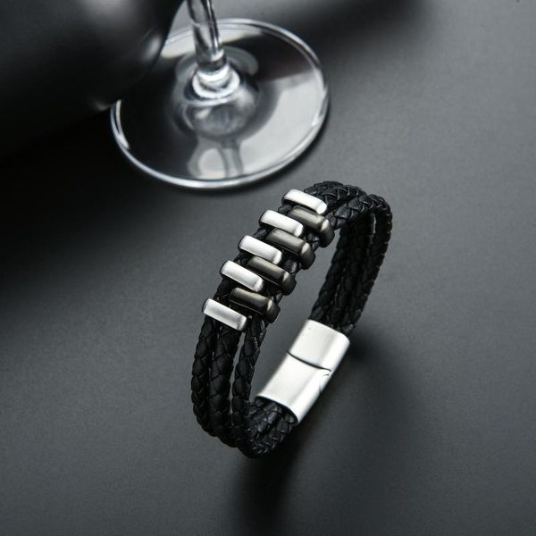 

new arrival double layer black gold steel punk style design perfect gift personality black genuine leather bracelet men jewelry, Golden;silver