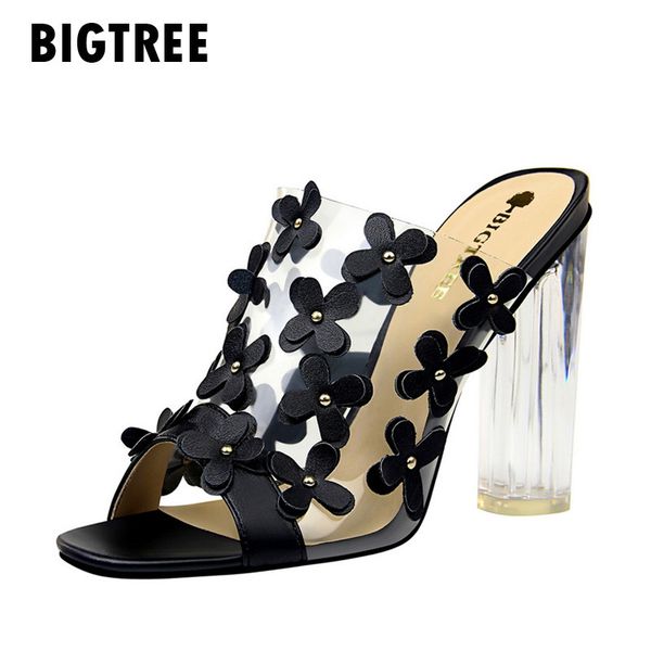 

2020 summer plus size 34-43 women slippers sweet flowers high heels slides transparent crystal heeled boho beach sandals shoes, Black