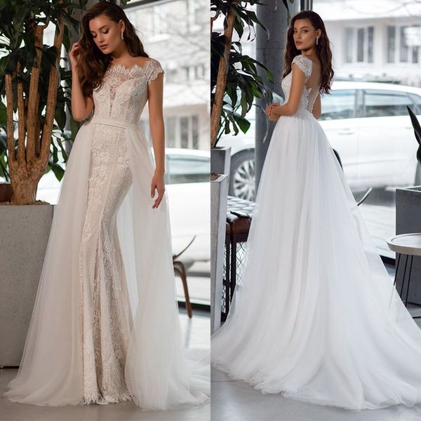 

oksana mukha overskirt wedding dresses 2020 applique lace bateau neck mermaid wedding gowns with detachable train gorgeous vestidos de novia, White