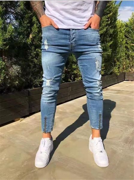 

color capris jeans mens clothes fashion mens jeans designer hole panelled pencil pants with zipper casual natural, Blue