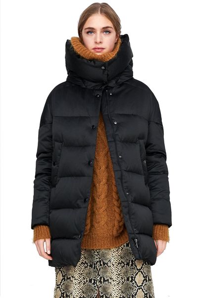 

cross-border women's long sleeve cotton clothing mid-length thick hooded imitation down jacket warm cotton coat jacket outfit, Black