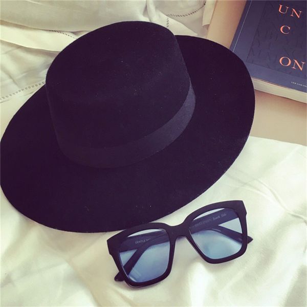 

wide brim hats classic solid color felt fedoras hat for men women artificial wool blend jazz cap simple flat top, Blue;gray
