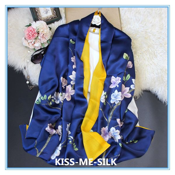 

kms elegant magnolia flower mulberry-silk long warm silk wool wild shawl dual-use double scarf 180*64cm/165g, Blue;gray