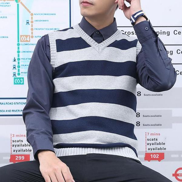 

men's vests fall 2021 v-neck vest sweater for men british stripe color matching sleeveless mens red white and black, Black;white