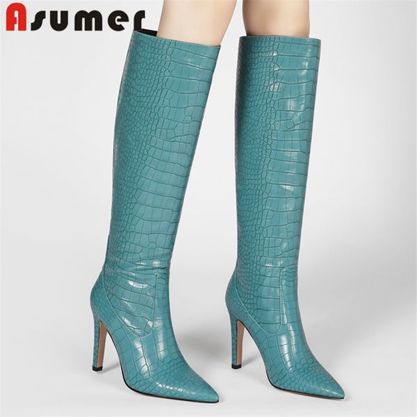 

asumer 2020 european style knee high boots women pointed toe autumn winter high heel party shoes stone pattern ladies long boots, Black