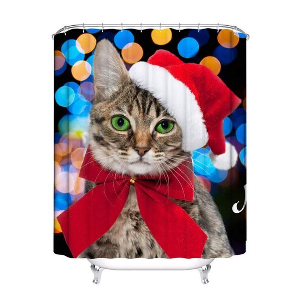 

cat christmas hat face bell printed shower curtains, winter snow holiday home decor polyester fabric extra long bathroom curtain