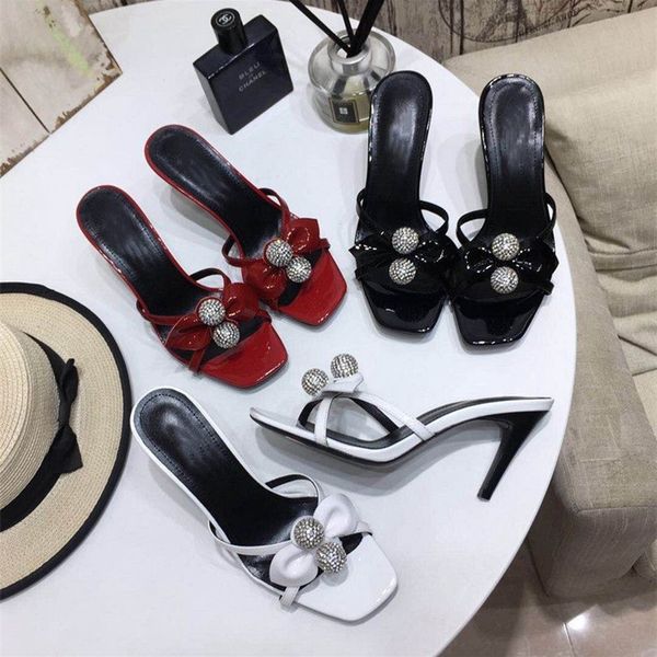 

real leather slip on high heels crystal ball decoration thin heel slippers fashion designers sandals 2020 brand shoes women, Black
