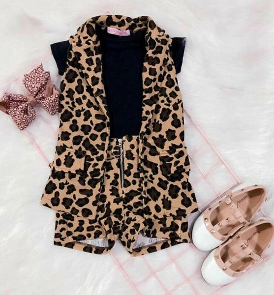 

clothing sets 2021 fashion kids baby girl clothes leopard 3pcs summer outfits black waistcoats shorts child 1-6y, White