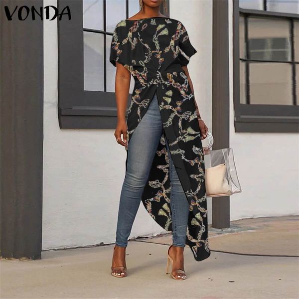 

vonda new arrival summer asymmetrical tunic women's blouse pleated long sleeve shirt female floral printed blusas oversized, White