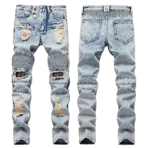 

original design zipper locomotive knee holes rivet denim pants jeans men patchwork trousers ripped moto biker jeans destroyed, Blue