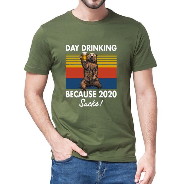 

summer fashion day drinking because 2020 sucks funny bear drink beer vintage black new men's neck cotton t-shirt women tee