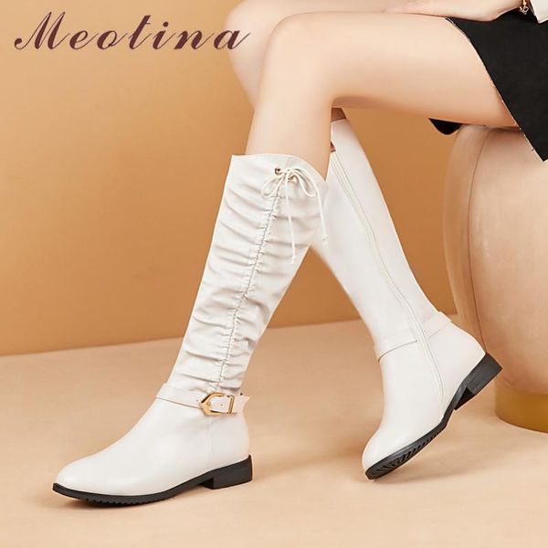 

meotina winter knee high boots women boots pleated zipper flat long buckle round toe shoes ladies autumn black size 34-39