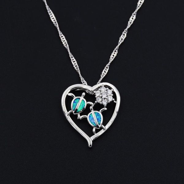

chains ocean blue opal sea turtle pendant heart shaped necklace with chain, Silver