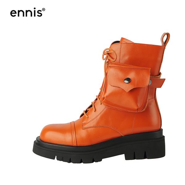 

ennis designer boots women genuine leather thick sole orange ankle boots lace up platform winter autumn shoes a0258, Black