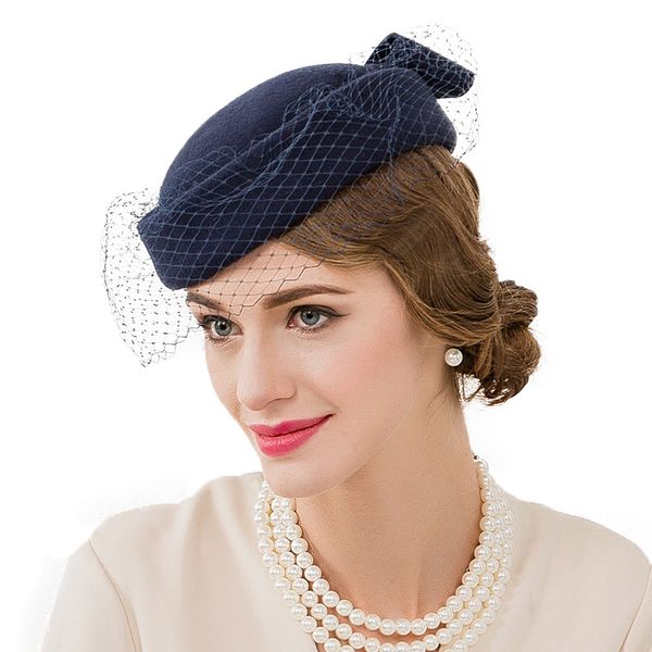 

stingy brim hats royal blue wedding and fascinators 100% wool pillbox hat with veils elegant women bow millinery winter fedoras ladies, Blue;gray