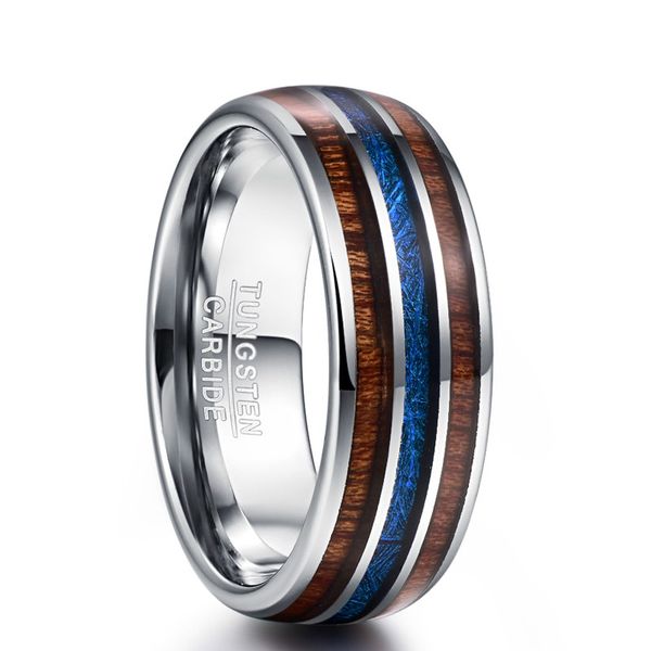 

wedding rings high polished 8mm hawaiian koa wood men ring bands blue imitation vermiculite 100% tungsten carbide jewelry, Slivery;golden