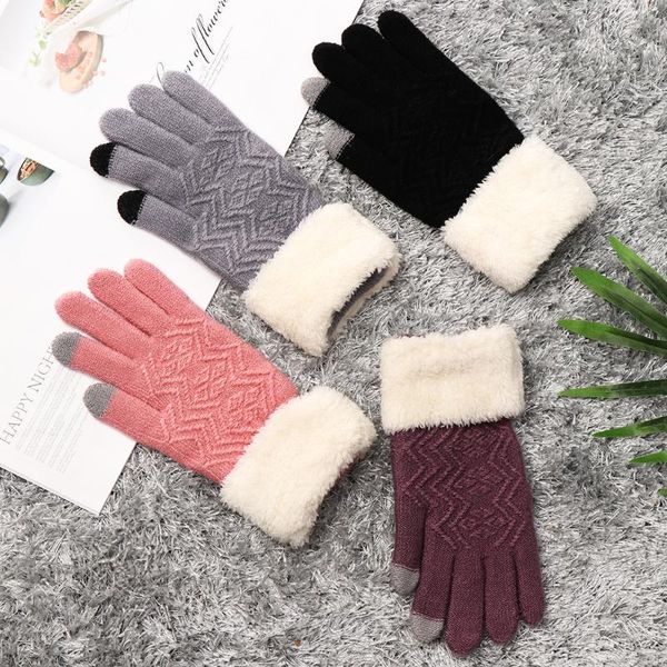 

1pair women touch screen winter knitted gloves thicken plus velvet warm mittens soft comfortable elastic full finger glove, Blue;gray