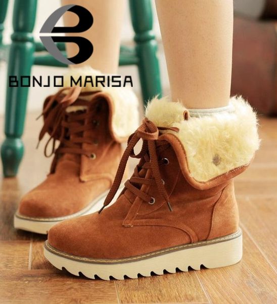 

bonjomarisa дамы круглый toe шитье узелок зимы snowboots flock марка casual boots женщины теплый плюшевые comfy обувь женщина, Black