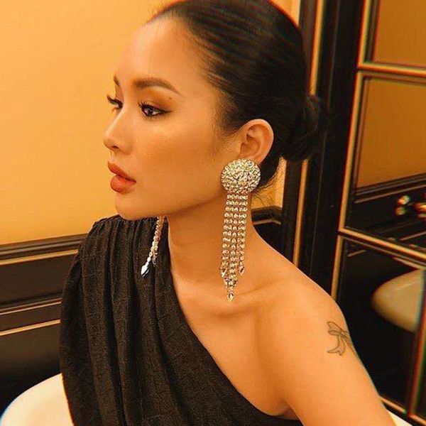 

ztech fashion show lady's shiny rhinestone big long tassel dangle earrings jewelry evening dress statement earring accessories, Silver