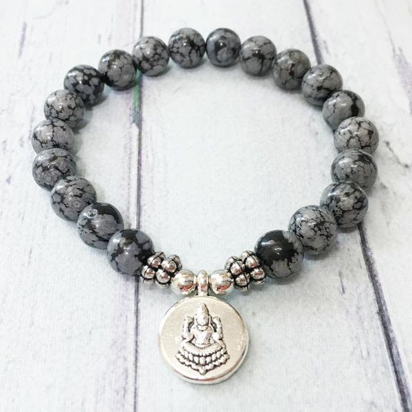 

mg0514 8 mm handmade men`s yoga snowflake obsidian bracelet buddha charm wrist mala beaded bracelet healing crystal gift for him, Black