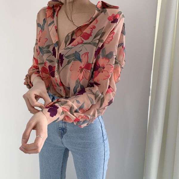 

light luxury floral chiffon blouse 2020 spring and autumn slim slim simple foreign style long sleeve design chiffon, White