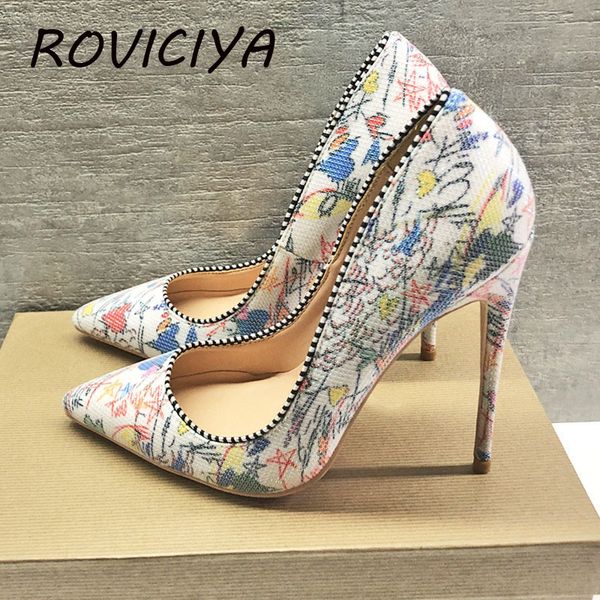 

pumps women 12cm high heels pointed toe shallow party wedding fashion print dress shoes plus size bm002 roviciya, Black