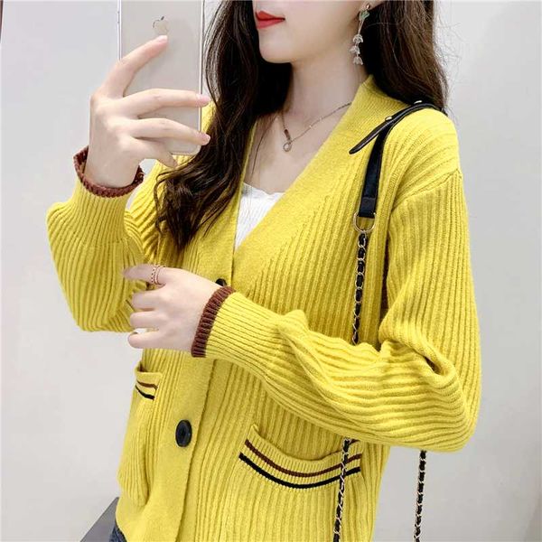

women's knits & tees solid color yellow blue white pink fashion korean autumn v-neck cardigan knit sweater for women button up