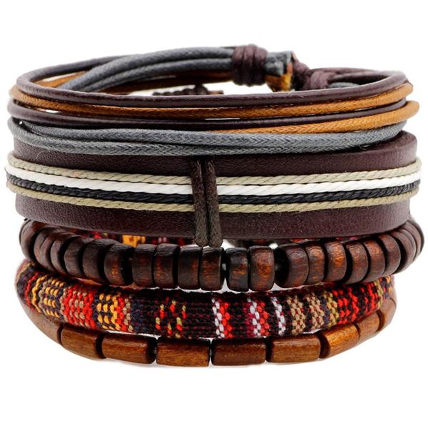 

ethnic 5 pcs/set wood beads charm handmade woven men leather bracelets women vintage bangle male homme jewelry accessories, Golden;silver