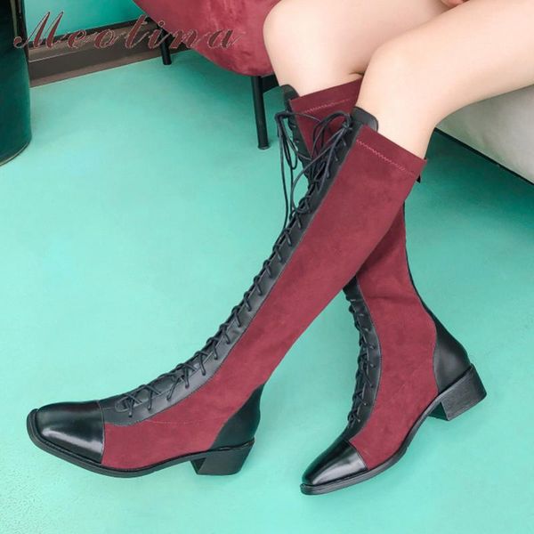

meotina winter knee high boots women natural genuine leather thick heel long boots zipper square toe shoes ladies fall size 3-10, Black