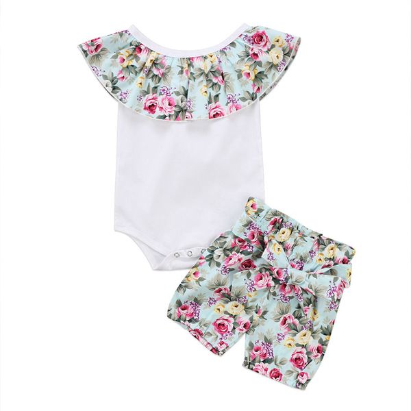 

newborn baby girls cotton soft ruffles floral bodysuit shorts 2 pcs clothing set babies flower outfit clothes 0-24m, White