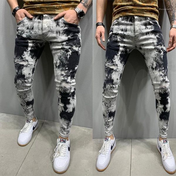 

высокая талия slim fit street wear homme скейтборд карандаш брюки мужские градиент stretch джинсы, Blue
