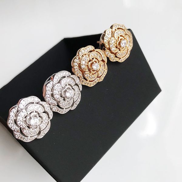 

brand party earrings fashion rose flower stud earrings camellia women bijoux wedding gift cz crystal jewelry, Golden;silver