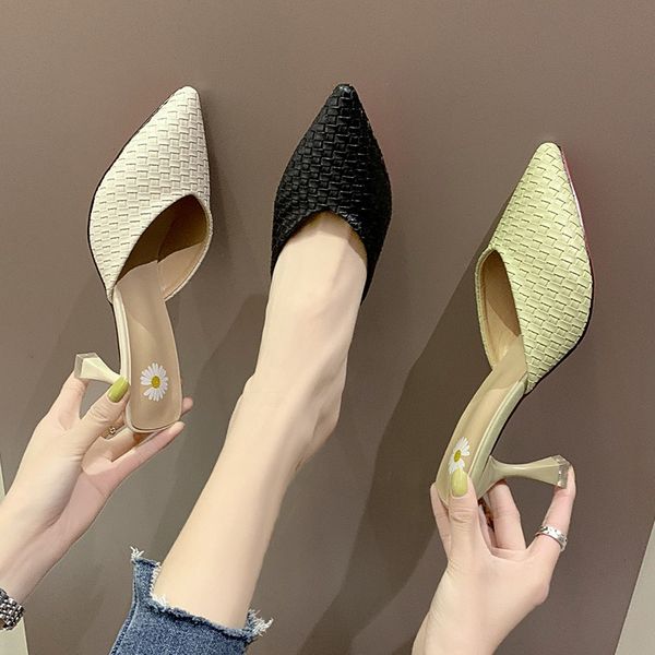 

dress shoes fairy daisy knitted pointed toe slingback woman pumps sun flower weave stiletto high heels women slip on mujer bombas 2021, Black