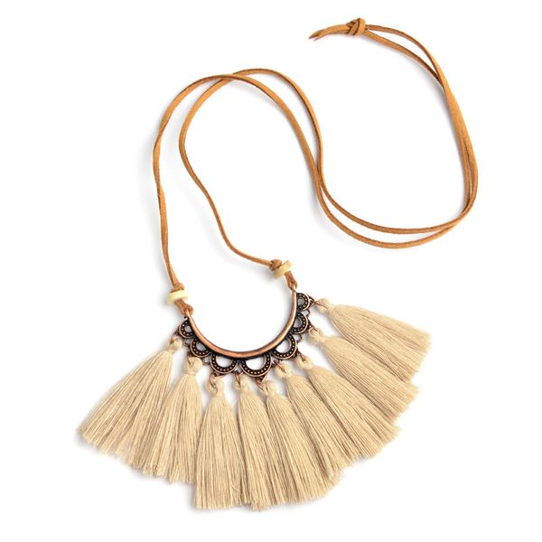 

bohemian fringe tassel pendant necklace green purple beige wool tassels long chain necklace for women boho beach jewelry gift, Silver